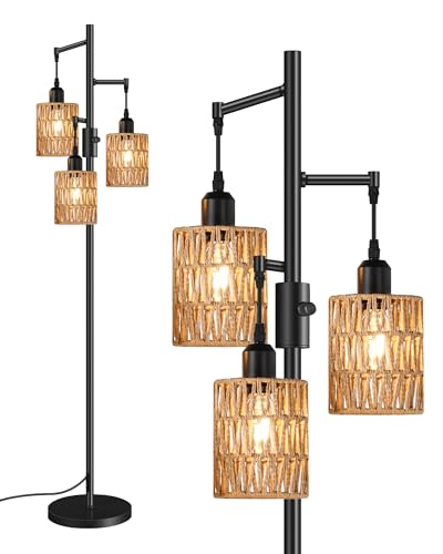 GOEBLESON Farmhouse Dimmable Floor Lamp Tall Standing Tree Lamp with Rope Woven Shades - 70.3" Boho Rattan Floor Light for Living Room Bedroom Office