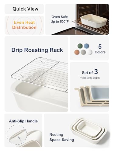 Ceramic Casserole Dish Set with Stainless Steel Racks - 3 Sizes, Oven Safe, White, Variation of THIS listing
