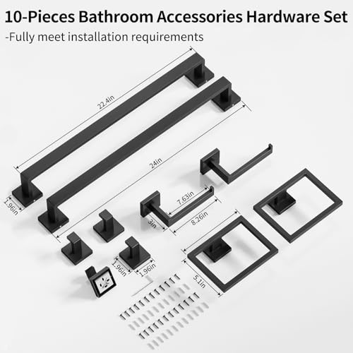 Gypie Wall-Mounted Bathroom Accessories Set - 10 Pieces, Matte Black, 24 Inch Towel Bars
