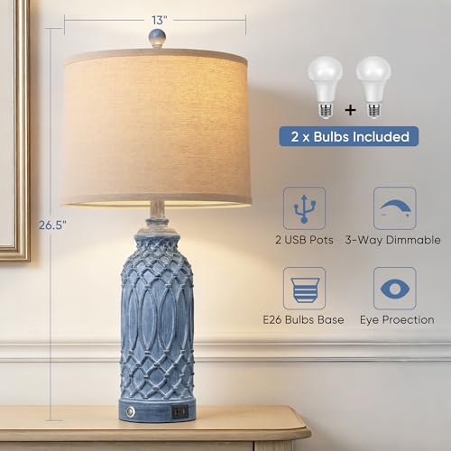 Blue Resin Table Lamp with Touch Dimming & USB Ports - 26.5''