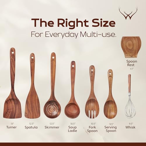 8 Pcs Teak Wooden Kitchen Utensil Set - Premium Cooking Spoons & Spatulas - Natural Wooden Cooking Tools - Variation of THIS listing