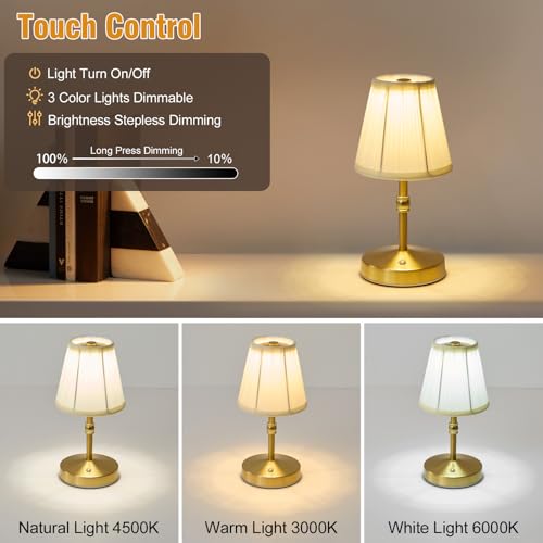 Mini Cordless LED Table Lamp - 3000mAh Battery, Dimmable & 3 Color Temp, Gold, 9.8 Inch, 1 Pack
