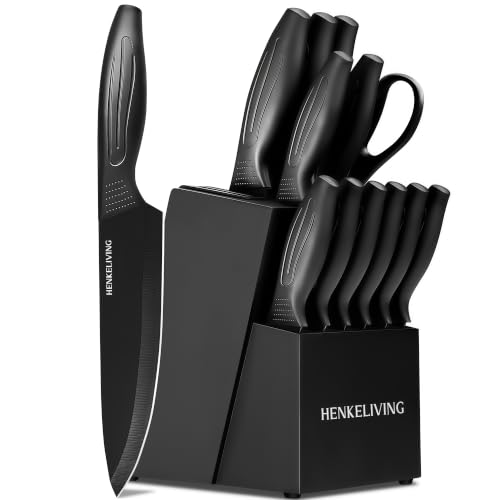HENKELIVING DarkBlack 14-Piece Kitchen Knife Set with Built-in Sharpener & Block