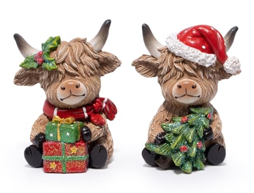 Hodao 2pcs Christmas Highland Cow Figurines – Red-Green Santa Hat Mantel Decor