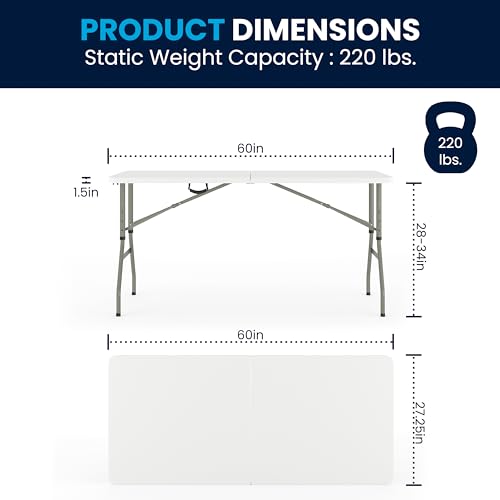 5 ft Plastic Folding Table - White Indoor/Outdoor Event Table, No Assembly