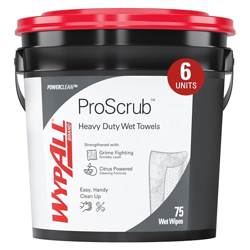 WypAll PowerClean ProScrub Heavy Duty Wet Towels with Bucket Included, 75 Sheets per Container