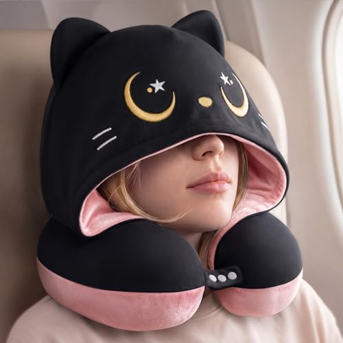 Mewaii Pink Travel Neck Pillow with Hood - Memory Foam & Privacy Cover