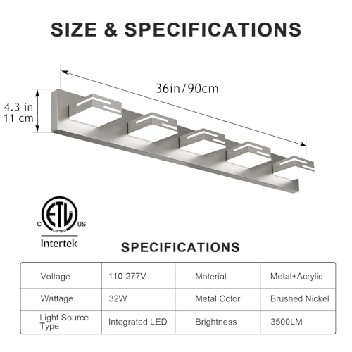 Nickel 36-Inch Dimmable LED Bathroom Vanity Light with 5 Acrylic Heads