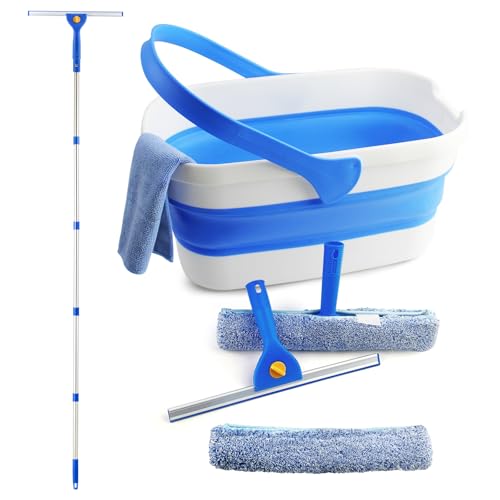 Window Cleaning Kit with Collapsible Bucket, Squeegee & Microfiber Cloth