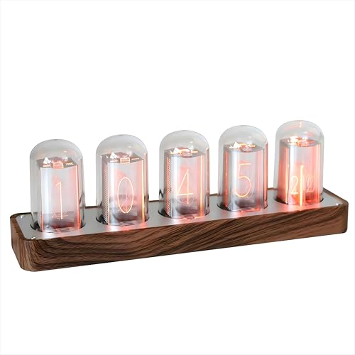 ClocTeck Nixie Tube Clock with Wi-Fi, Alarm, Timer, 12/24H Display, No Assembly Needed (Wood Grain)