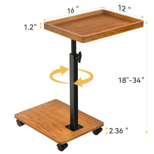 Adjustable Height Swivel C-Shaped Side Table with Wheels for Couch Bed or Living Room