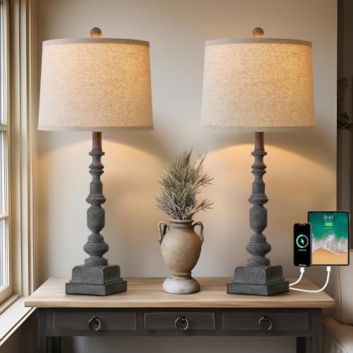 Oneach Farmhouse Table Lamps Set of 2 - Gray with USB Ports for Living Room