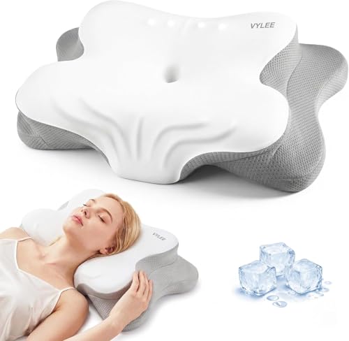 VYLEE Grey Cervical Neck Pillow for Pain Relief & Support, Memory Foam, Ergonomic & Cooling