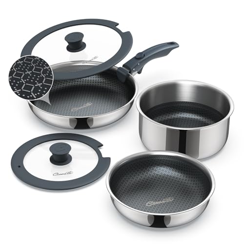 Ciwete 6-Piece Stainless Steel Cookware Set with Nonstick Honeycomb Surface - Includes Lids & Detachable Handle