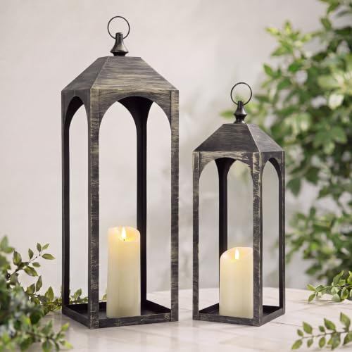 Large Decorative Lanterns Set of 2 Outdoor Indoor Bronze - Weather-Resistant Metal with LED Candles