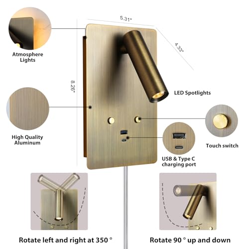 Bronze Wall Mounted Reading Light Set of 2 with USB Ports - Dimmable Bedside Sconces