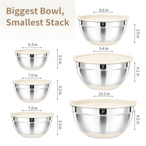 21-Piece Khaki Mixing Bowls Set with Lids, Non-Slip Base & Graters - Nesting Stainless Steel Kitchen Bowls