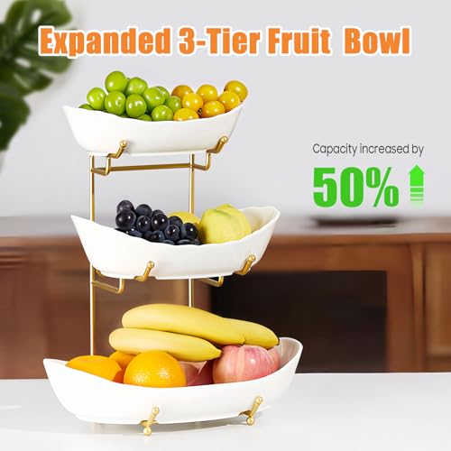 Gold 3-Tier Ceramic Fruit Basket for Kitchen Counter - Large