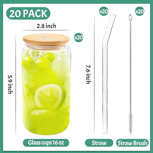 16 oz Glass Cups with Bamboo Lids & Straws Bulk - 20 Pack