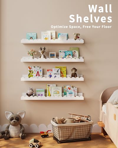 Shario White 23-Inch Nursery Book Shelves 4-Pack – Wall Floating Shelves for Kids & Toddler Room