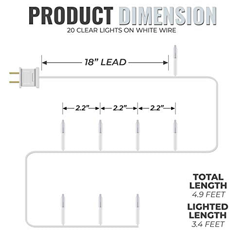 612 Vermont Clear 20 Count Christmas String Lights on White Wire Cord, UL Approved for Indoor Use Only, Total Length 4.9 Foot, Lighted Length 3.4 Foot