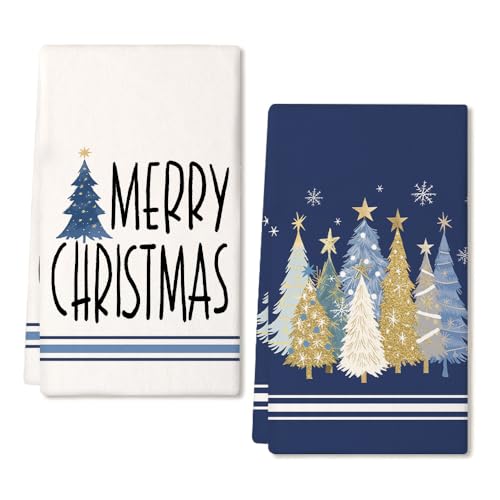 Blue Christmas Kitchen Towels Set of 2 - 18x26 Inch Holiday Dish Towels