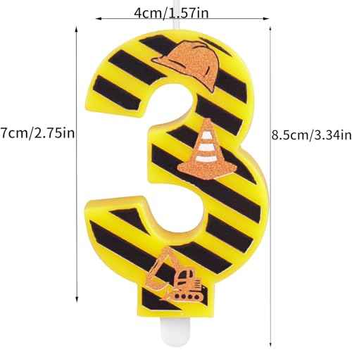 Construction Theme Birthday Candle, Construction Birthday Cake Toppers for Boys, Number 3 Candle, Yellow Black Stripes Birthday Candle for Themed Birthday Party Decoration Supplies Favors Gifts