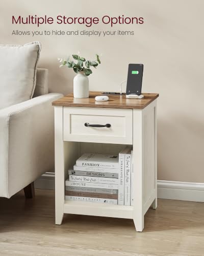 VASAGLE Farmhouse Nightstand with Charging Station - Rustic White + Honey Brown | 1 Drawer