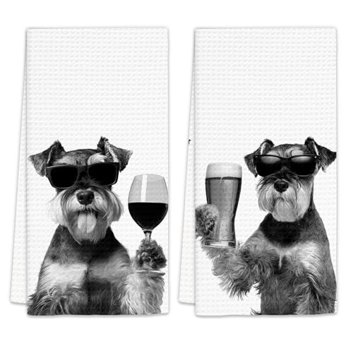 Gifts for Mini Schnauzer Dog Wine Lovers Kitchen Towels Set of 2,