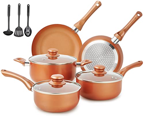 Nonstick Cookware Set with Copper Ceramic Coating - 11pcs, Stay Cool Handles - Variation HC2021-11A