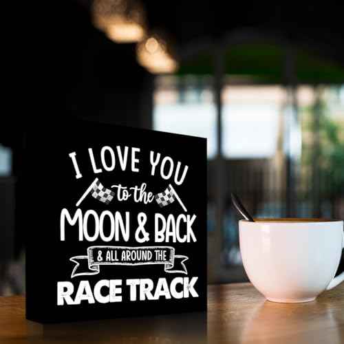 z-crange I Love You To The Moon And Back Black Wood Box Sign Desk Decor,Farmhouse Racing Checkered Flags Box Block Sign for Home Boys Room Shelf Table Decor Decorations¡¦