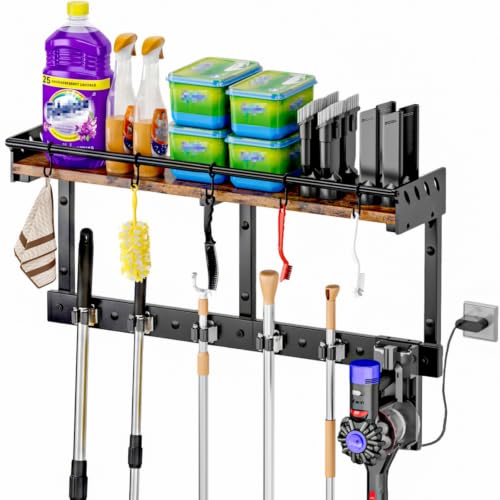 Broom Holder Wall Mount with Shelf - Extra Large 3-in-1 Organizer, Black, L