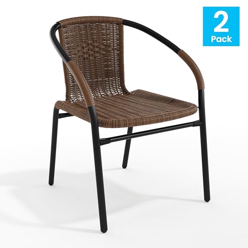 Dark Brown Set of 2 Indoor/Outdoor Rattan Dining Chairs - Stackable Bistro Seats