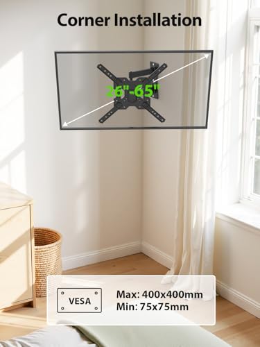 Full Motion TV Wall Mount for 26-65 Inch LED TVs - Swivel Tilt Articulating Bracket, VESA 400x400mm, Up to 77lbs, Space-Saving Design, Easy Install