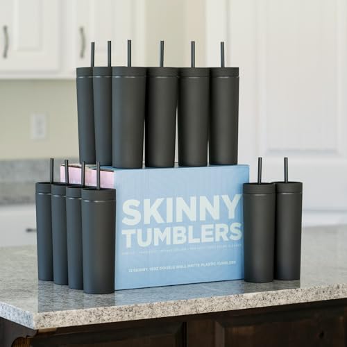 STRATA CUPS 16oz Black Skinny Tumbler Set of 12 with Lids & Straws – Double Wall, Matte Finish