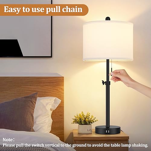 Kondras Adjustable Bedside Table Lamp Set - Black Base & White Shade, 23-30 Inches