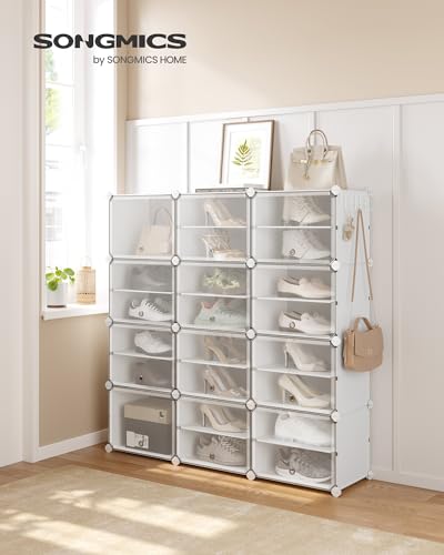 SONGMICS 12-Tier Shoe Rack with Doors - Cloud White & Transparent Variation
