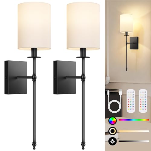 24.8 Inch Battery Operated Wall Sconces Set of 2 with Remote - Black & White
