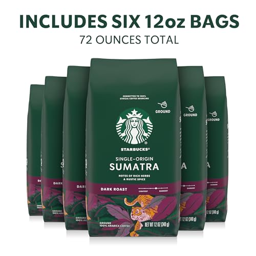 Starbucks Ground Coffee Sumatra Dark Roast - 6 Pack of 12 oz Bags - Single-Origin, Rich & Full-Bodied, Hot or Iced Brew Variation
