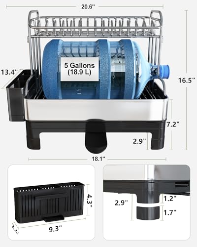 BOOSINY Stainless Steel Dish Drainer with Drainboard - Silver & Black, 18.1 x 13.4 inches