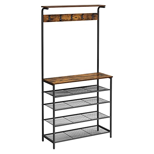 VASAGLE 31.5W Hall Tree with Shoe Bench, 5-Tier Shoe Rack & Dual Hooks, Rustic Brown & Black