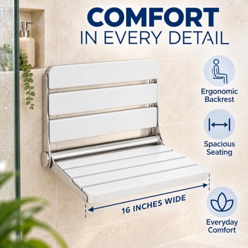 White 16-Inch Wall-Mounted Foldable Shower Seat - Teak Bench for Small Shower
