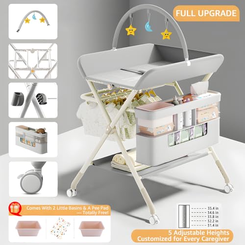 Portable Baby Changing Table with Wheels - Grey, 5-Level Adjustable Height & Large Storage