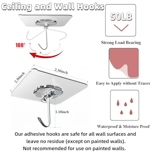 Transparent 100 Pack Heavy Duty Self Adhesive Hooks - Supports 50 lbs, Reusable Wall Hooks for Kitchen, Bathroom, Office, Outdoor