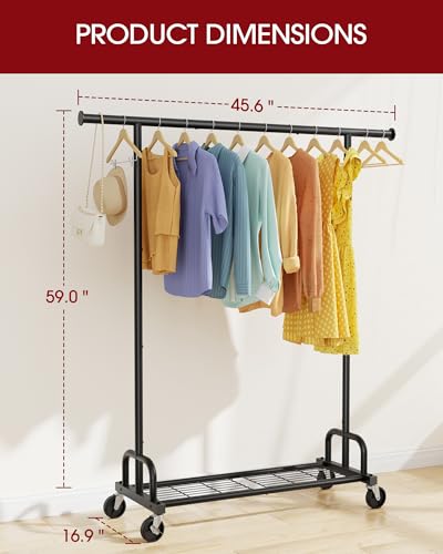 Sakugi Large-Capacity Metal Clothes Rack with Lockable Wheels, 45.6 x 16.9 x 59 inches, Black - 1 Rod