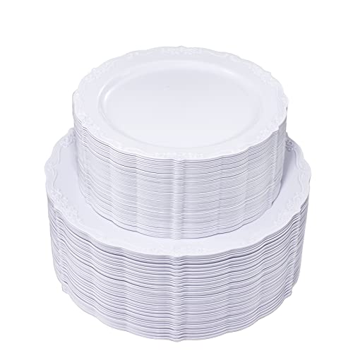 Disposable White Plastic Plates - 100 Pcs Party Dinnerware, Reusable & Elegant