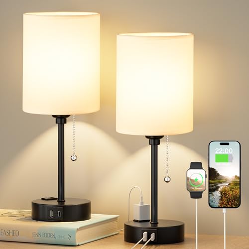 Dicoool Bedside Table Lamp Set of 2 - 14.6in Small Desk Lamps with USB Ports, 3 Color Temperatures, White & Black