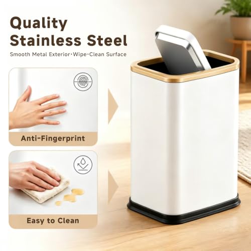 Organizelink White 2.1 Gal Slim Bathroom Trash Can with Swing Lid, Rustproof Stainless Steel, Pet-Proof Odor Control, Space-Saving Waste Basket
