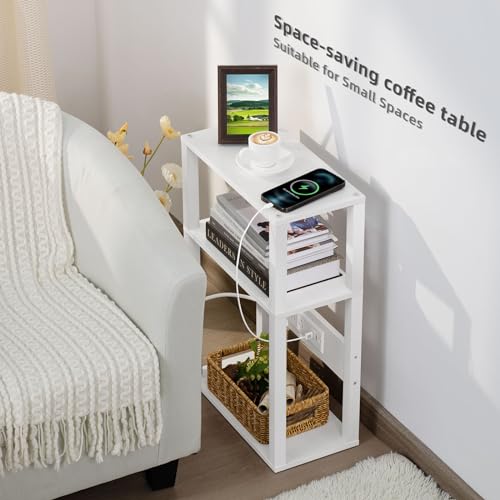YUFAM White 3-Tier Narrow Bedside Table with Charging Station - Small Nightstand