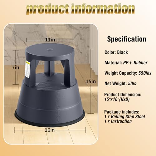 FurniCleevor Retractable Wheel Rolling Step Stool - 550lbs Capacity, Non-Slip Platform, Black - Variation 1
